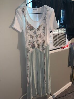 Mint Floral Layered Maxi Dress with White Ribbed Top